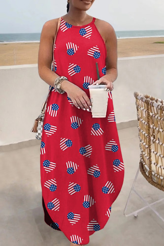 Red Casual Flag Stars Print Floor Length Sleeveless Loose Cami Maxi Dress