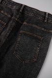 Jeans ajustados de mezclilla de cintura alta con frenillo ahuecado sólido informal negro