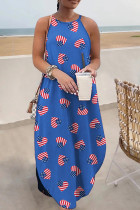 Royal Blue Casual Flag Stars Print Floor Length Sleeveless Loose Cami Maxi Dress