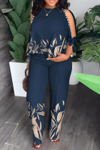 Navy Blue Casual Tropical Print Hollowed Out Frenulum O Neck Half Sleeve Two Pieces Tops And Pants Sets