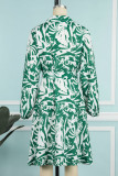 グリーン カジュアル プリント 小帯ボタン シャツカラー シャツ ドレス ドレス
