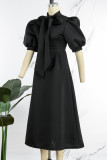 Patchwork sólido casual negro con cuello de cinta de lazo una línea de vestidos
