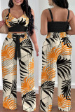 Black Elegant Print Solid Patchwork Pocket Frenulum Fold Spaghetti Strap Sleeveless Two Pieces Cami Crop Tops And Pants Sets