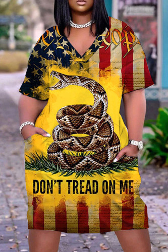 Yellow Casual Flag Stars Print V Neck Short Sleeve African Loose Straight Midi Dress