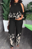 Black Casual Tropical Print Hollowed Out Frenulum O Neck Half Sleeve Two Pieces Tops And Pants Sets