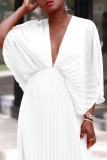 Weiße, elegante, einfarbige Patchwork-Faltenkleider mit V-Ausschnitt
