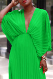 Grön Elegant Solid Patchwork Vik V-hals veckade klänningar