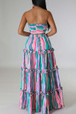 Pink Sexy Striped Print Hollowed Out Patchwork Strapless Sleeveless Two Pieces