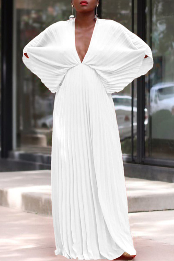 Weiße, elegante, einfarbige Patchwork-Faltenkleider mit V-Ausschnitt