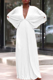 White Elegant Solid Patchwork Fold V Neck Pleated Dresses