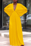 Gele elegante effen patchwork gevouwen jurken met V-hals en plooien