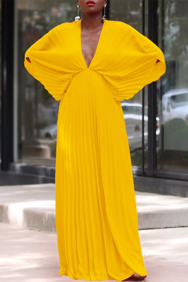 Vestidos plissados ​​com decote em V em patchwork amarelo elegante e sólido
