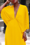 Vestidos plissados ​​com decote em V em patchwork amarelo elegante e sólido