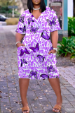 Purple Casual Print Patchwork V Neck Straight Dresses