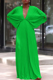 Groene elegante effen patchwork gevouwen jurken met V-hals en plooien