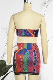 Red Street Print Hollowed Out Patchwork Strapless Sleeveless Two Pieces