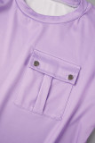 Púrpura casual estampado patchwork bolsillo o cuello manga corta dos piezas