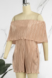 Khaki Casual Solid Flounce Fold Off the Shoulder Loose Rompers