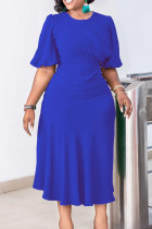 Vestidos elegantes em patchwork liso azul royal com decote em bico e linha A