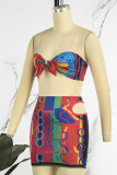 Red Street Print Hollowed Out Patchwork Strapless Sleeveless Two Pieces