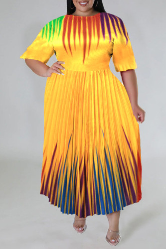 Yellow Casual Print Patchwork Fold O Neck A Line Plus Size Dresses