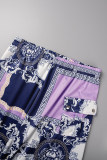 Deux pièces violet décontracté imprimé patchwork poche col rond manches courtes