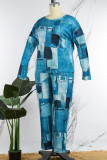 Blue Casual Street Print Patchwork O Neck Plus Size Two Pieces