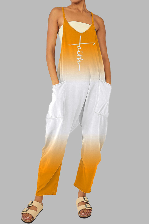 ホワイトオレンジカジュアル徐々に変化プリントパッチワークポケットジッパースパゲッティストラップルーズジャンプスーツ