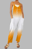 Bianco Arancione Casual Cambiamento graduale Stampa Tasca patchwork Cerniera Cinturino per spaghetti Tute larghe
