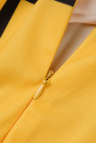 Yellow Elegant Plaid Patchwork Frenulum O Neck A Line Plus Size Dresses