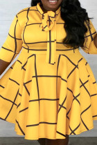 Amarillo elegante patchwork a cuadros frenillo cuello redondo una línea vestidos de talla grande