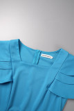 Небесно-голубые повседневные рабочие элегантные однотонные лоскутные оборки с разрезом и квадратным воротником, завернутые платья-юбки