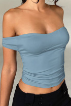 Blue Sexy Solid Hollowed Out Frenulum Backless Strapless Tops