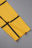 Amarelo Elegante Patchwork Xadrez Frenulum O Neck A Line Vestidos Plus Size