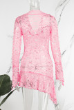 Pink Sexy Solid Lace See-through V Neck Asymmetrical Dresses(Without Belt)