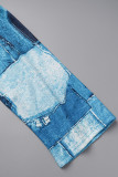 Blauwe casual straatprint patchwork ronde hals grote maat twee stuks