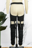 Black Sexy Solid Metal Accessories Decoration Fold Cut Out Skinny Pencil Solid Color Bottoms