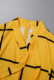 Amarelo Elegante Patchwork Xadrez Frenulum O Neck A Line Vestidos Plus Size
