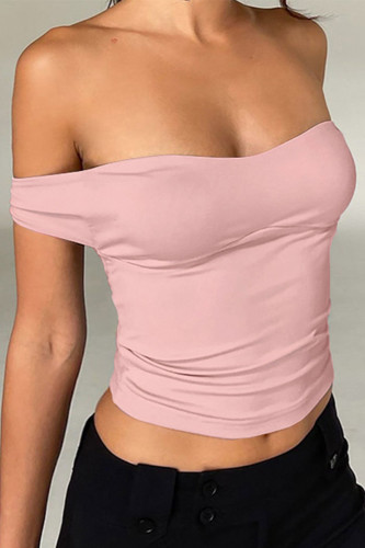 Pink Sexy Solid Hollowed Out Frenulum Backless Strapless Tops