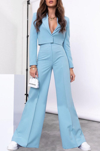 Sky Blue Casual Solid Patchwork Buttons V Neck Long Sleeve Two Pieces
