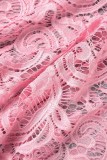 Abiti asimmetrici con scollo a V trasparenti in pizzo solido rosa sexy (senza cintura)