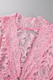 Robes asymétriques à col en V transparent en dentelle unie rose sexy (sans ceinture)