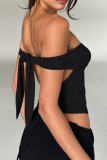 Black Sexy Solid Hollowed Out Frenulum Backless Strapless Tops