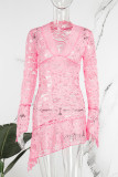 Розовые сексуальные однотонные кружевные прозрачные асимметричные платья с V-образным вырезом (без пояса)