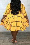 Gele elegante geruite patchwork Frenulum O-hals A-lijn plus size jurken