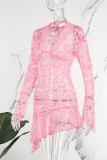 Розовые сексуальные однотонные кружевные прозрачные асимметричные платья с V-образным вырезом (без пояса)