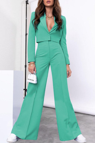 Cyan Casual Solid Patchwork Buttons V Neck Long Sleeve Two Pieces