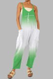 ホワイト グリーン カジュアル 徐々に変更 プリント パッチワーク ポケット ジッパー スパゲッティ ストラップ ルーズ ジャンプスーツ