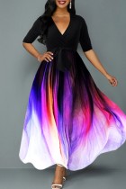 カラー カジュアル プリント パッチワーク V ネック ロング ドレス ドレス