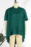 Tops de cuello de camisa de patchwork sólido casual verde